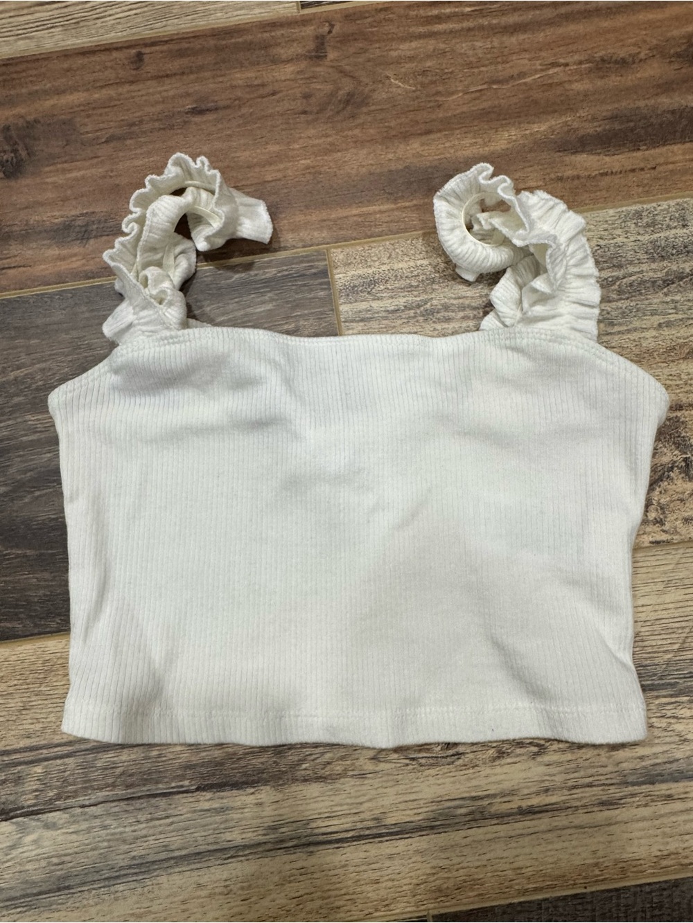 Aritzia Sunday Best Firecracker White Ribbed Ruffle-Strap Crop Tank